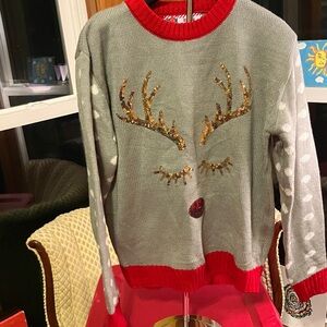 Merry Christmas Gray and Red Women's Sweater with Sequin Design Reindeer